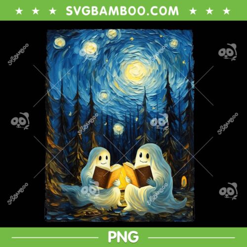 Funny Ghost Halloween Van Gogh PNG, Starry Night Ghost Book Reading Camping PNG, Halloween Book PNG