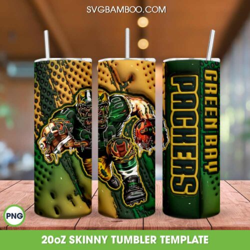 Green Bay Packers 3D Inflated Tumbler Wrap PNG, Packers Mascot 20oz Skinny Tumbler, NFL Football Tumbler Template PNG