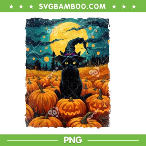 Halloween Black Cat Van Gogh PNG, Cat Van Gogh With Pumpkin PNG, Pumpkin Black Cat PNG