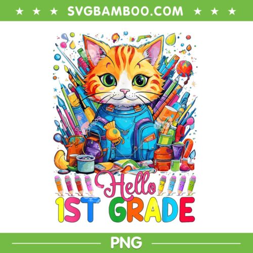 Hello 1st Grade Cute Cat PNG, Kids Back To School First Day PNG, Hello First Grade PNG