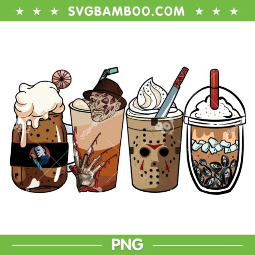Horror Movie Characters Coffee PNG, Halloween Horror Movie Coffee Latte PNG, Coffee Lover PNG