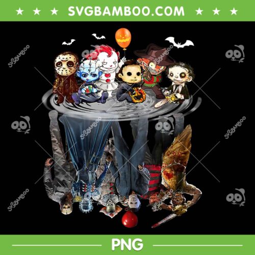 Horror Movie Chibi Character Water Reflection PNG, Cute Scray Movie Halloween PNG, Horror Halloween PNG