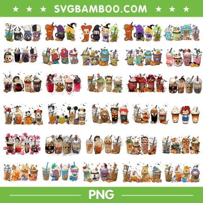 Horror Movie Coffee Bundle PNG, 30 Movie Characters Coffee Bundle PNG, Halloween Coffee Latte Bundle PNG