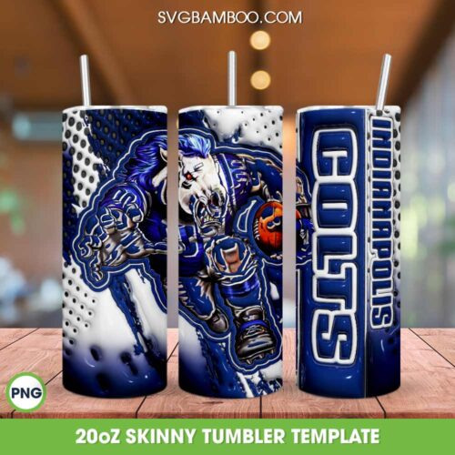Indianapolis Colts 3D Inflated Tumbler Wrap PNG, Colts Mascot 20oz Skinny Tumbler, Football Sports Tumbler Template PNG