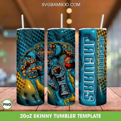 Jacksonville Jaguars 3D Inflated Tumbler Wrap PNG, Jaguars Mascot 20oz Skinny Tumbler, NFL Football Team Tumbler Template PNG