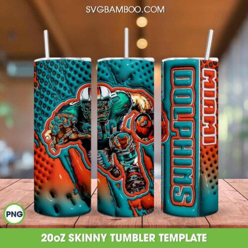 Miami Dolphins Mascot 3D Inflated Tumbler Wrap PNG, Dolphins Football 20oz Skinny Tumbler, NFL Team Logo Tumbler Template PNG