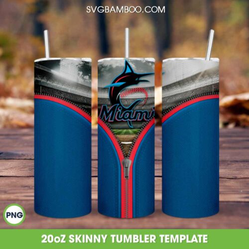 Miami Marlins Zipper Tumbler Wrap PNG, MLB Miami Marlins 20oz Skinny Tumbler Template PNG, Sports Baseball Tumbler Template PNG