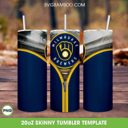 Milwaukee Brewers Zipper Skinny Tumbler Template PNG, MLB Baseball Teams Tumbler Wrap PNG, Brewers Baseball 20oz Skinny Tumbler Template PNG