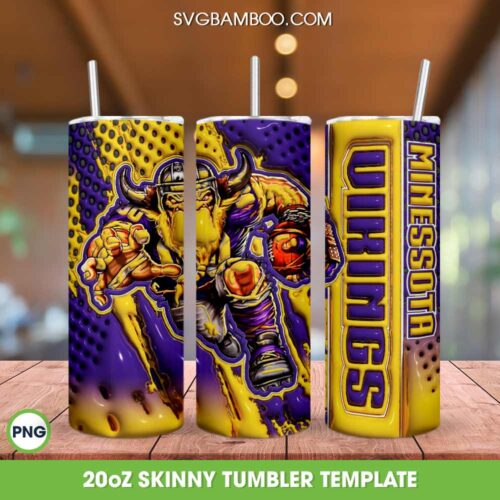 Minnesota Vikings Mascot 3D Inflated Tumbler Wrap PNG, Vikings Logo 20oz Skinny Tumbler, American Football Tumbler Template PNG
