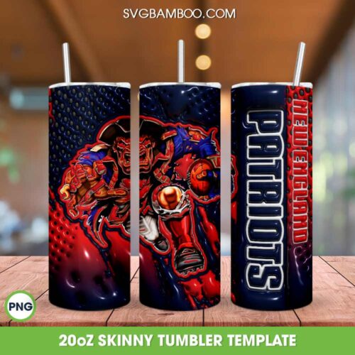 New England Patriots Mascot 3D Inflated Tumbler Wrap PNG, Patriots Football 20oz Skinny Tumbler, Sport Team Tumbler Template PNG