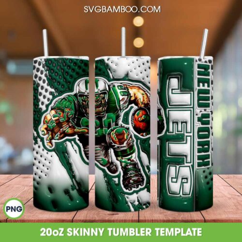 New York Jets Mascot 3D Inflated Tumbler Wrap PNG, Jets Football 20oz Skinny Tumbler, NFL Team Tumbler Template PNG