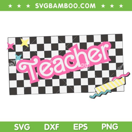 Retro Checkered Pink 90s Teacher SVG PNG, Barbie Teacher Retro SVG, Teacher Checkerboard DXF SVG PNG EPS