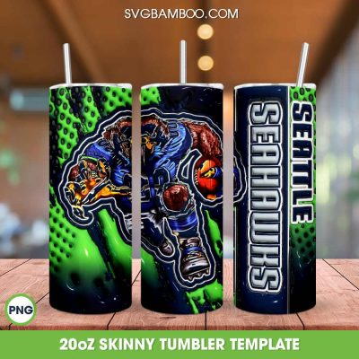Seattle Seahawks Mascot 3D Inflated Tumbler Wrap PNG, Seahawks Football 20oz Skinny Tumbler, Sport Team Logo Tumbler Template PNG