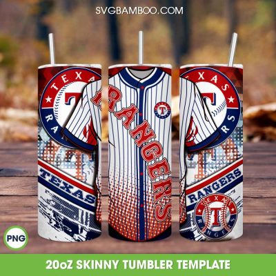 Texas Rangers Jersey 20oz Skinny Tumbler Template PNG, Texas Rangers Logo Tumbler Wrap PNG, MLB Baseball Tumbler Template PNG