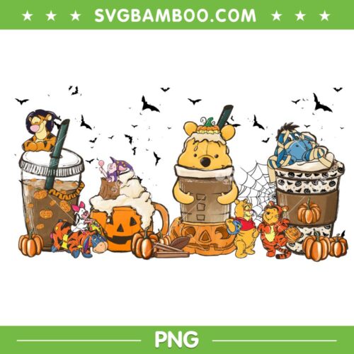 Winnie The Pooh Characters Coffee PNG, Halloween Pooh Bear Coffee PNG, Winnie The Pooh Friends PNG