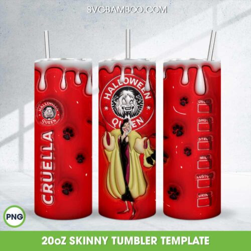 3D Inflated Cruella Coffee Halloween Tumbler Wrap PNG, Cruella Halloween 20oz Skinny Tumbler Template PNG
