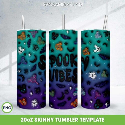 3D Inflated Disney Spooky Vibes Coffee Tumbler Wrap PNG, Halloween Snack Coffee 20oz Skinny Tumbler Template PNG