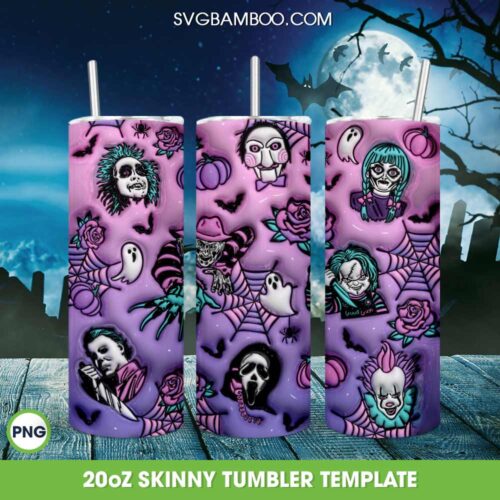 3D Inflated Horror Movie Characters Tumbler Wrap PNG, Halloween Scary 20oz Skinny Tumbler Template PNG