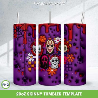 3D Inflated Horror Movie Halloween 20oz Skinny Tumbler Template PNG, Horror Characters 20oz Skinny Tumbler Template PNG