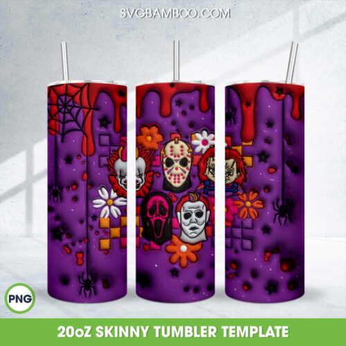 3D Inflated Horror Movie Halloween 20oz Skinny Tumbler Template PNG, Horror Characters 20oz Skinny Tumbler Template PNG