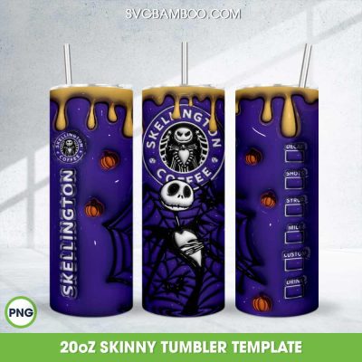 3D Inflated Jack Skellington Coffee Halloween Tumbler Wrap PNG, Skellington Coffee Starbucks 20oz Skinny Tumbler Template PNG