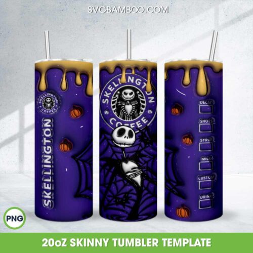 3D Inflated Jack Skellington Coffee Halloween Tumbler Wrap PNG, Skellington Coffee Starbucks 20oz Skinny Tumbler Template PNG