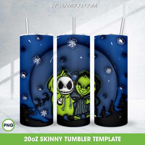 3D Inflated Jack Skellington and Grinch Tumbler Wrap PNG, Halloween Friends Jack Grinch 3D 20oz Skinny Tumbler Template PNG