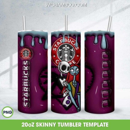 3D Inflated Jack And Sally Coffee Tumbler Wrap PNG, Nightmare Before Christmas 3D 20oz Skinny Tumbler Template PNG