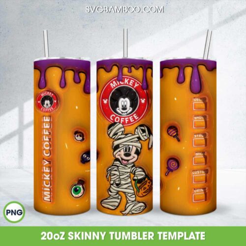 3D Inflated Mickey Coffee Tumbler Wrap PNG, Halloween Mickey Mummy 3D 20oz Skinny Tumbler Template PNG