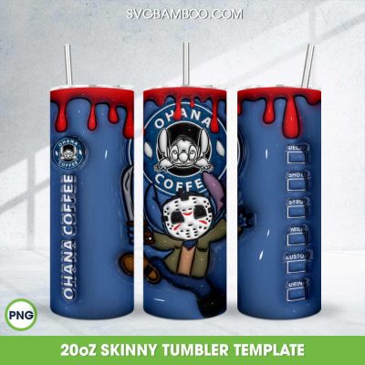 3D Inflated Ohana Jason Voorhees Coffee Tumbler Wrap PNG, Halloween Horror Stitch 20oz Skinny Tumbler Template PNG