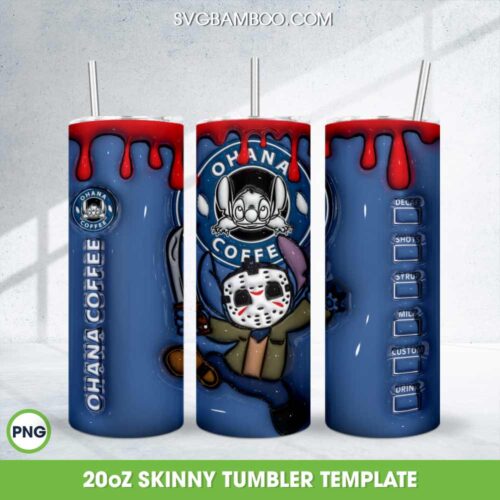 3D Inflated Ohana Jason Voorhees Coffee Tumbler Wrap PNG, Halloween Horror Stitch 20oz Skinny Tumbler Template PNG