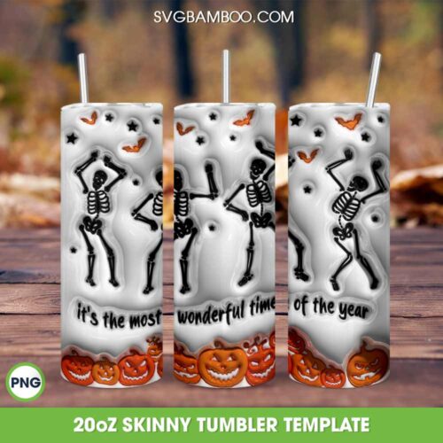 3D Inflated Puff Skeleton Dancing Halloween Tumbler Wrap PNG, Skeleton Halloween 20oz Skinny Tumbler Template PNG