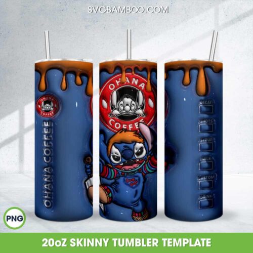 3D Inflated Stitch Chucky Coffee Tumbler Wrap PNG, Ohana Coffee 20oz Skinny Tumbler Template PNG