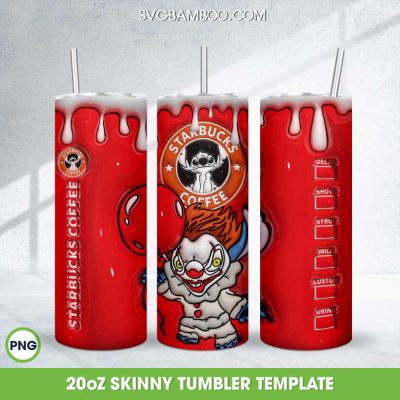 3D Inflated Stitch IT Horror Movie Coffee Tumbler Wrap PNG, Halloween Pennywise 20oz Skinny Tumbler Template PNG