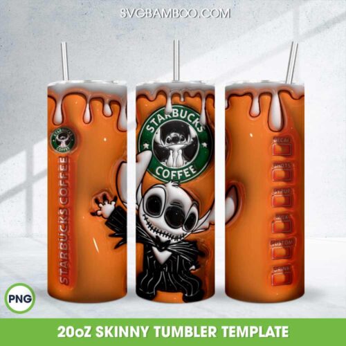 3D Inflated Stitch Jack Skellington Coffee Tumbler Wrap PNG, Skellington Coffee Starbucks 20oz Skinny Tumbler Template PNG