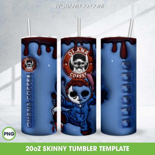 3D Inflated Stitch Michael Myers Coffee 20oz Skinny Tumbler Template PNG, Michael Myers Ohana Coffee Tumbler Wrap PNG