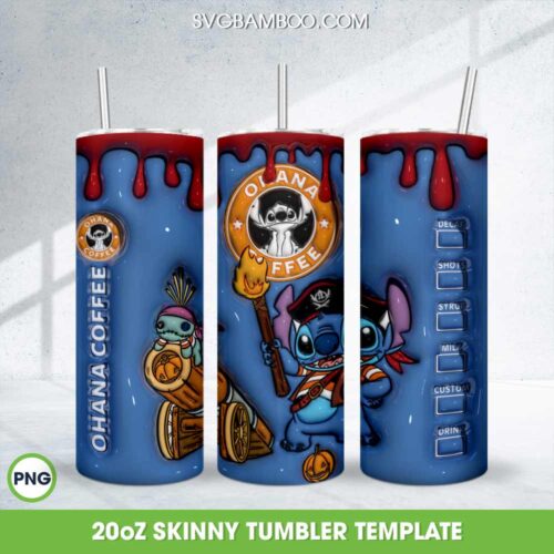 3D Inflated Stitch Pirate Coffee 20oz Skinny Tumbler Template PNG, Halloween Ohana Coffee Tumbler Wrap PNG
