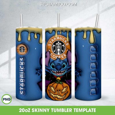 3D Inflated Stitch Pumpkin Coffee 20oz Skinny Tumbler Template PNG, Stitch Starbucks Coffee Tumbler Wrap PNG