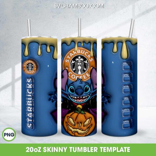 3D Inflated Stitch Pumpkin Coffee 20oz Skinny Tumbler Template PNG, Stitch Starbucks Coffee Tumbler Wrap PNG