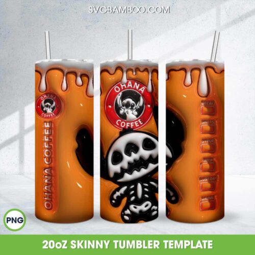 3D Inflated Stitch Skeleton Coffee 20oz Skinny Tumbler Template PNG, Stitch Skeleton Ohana Coffee Tumbler Wrap PNG