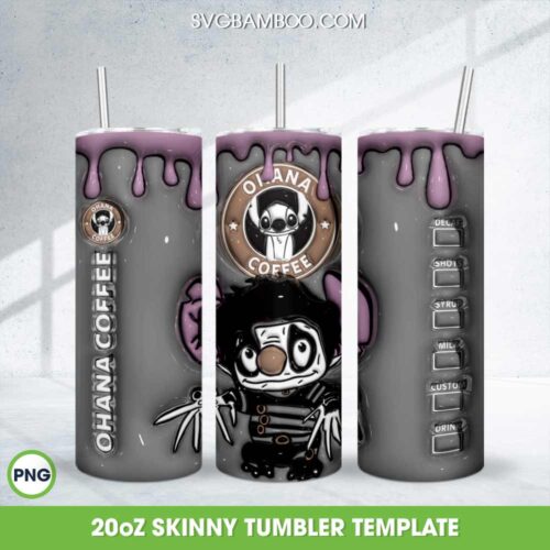 3D Inflated Stitch SkinnyEdward Scissorhands Coffee Tumbler Wrap PNG, Ohana Scissorhands Halloween 20oz Skinny Tumbler Template PNG