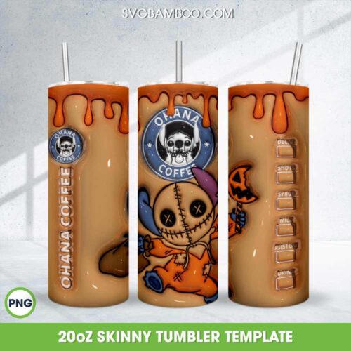 3D Inflated Stitch Trick or Treat Coffee Tumbler Wrap PNG, Ohana Sam Halloween 20oz Skinny Tumbler Template PNG