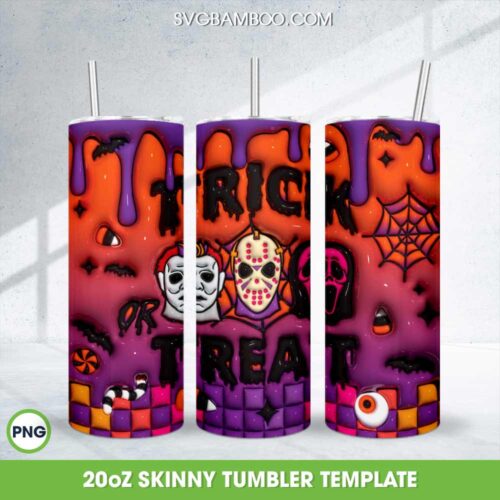 3D Inflated Trick or Treat Tumbler Wrap PNG, Halloween Horror Movie 3D 20oz Skinny Tumbler Template PNG