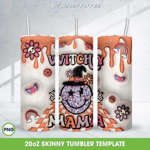 3D Inflated Witchy Mama Tumbler Wrap PNG, Retro Mom Witch 20oz Skinny Tumbler Template PNG