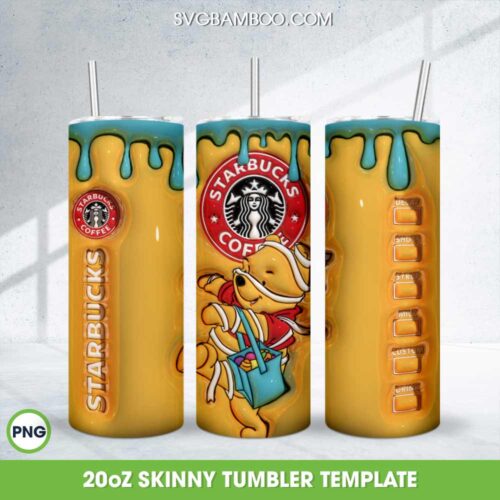 3D Inflated Winnie The Pooh Coffee Tumbler Wrap PNG, Pooh Starbucks Coffee 20oz Skinny Tumbler Template PNG