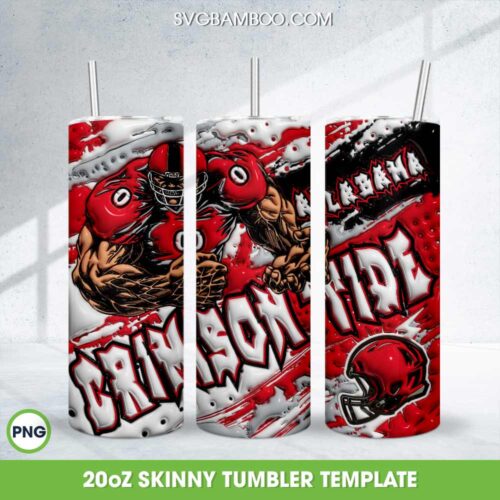 Alabama Crimson Tide 3D Inflated Tumbler Wrap PNG, Crimson Tide Football Teams 20oz Skinny Tumbler Template PNG