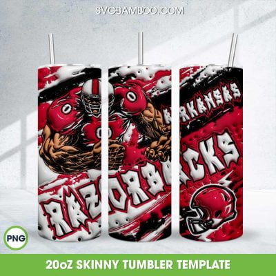 Arkansas Razorbacks 3D Inflated Tumbler Wrap PNG, NCAA Razorbacks Football Teams 20oz Skinny Tumbler Template PNG