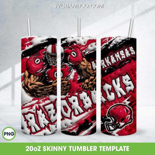 Arkansas Razorbacks 3D Inflated Tumbler Wrap PNG, NCAA Razorbacks Football Teams 20oz Skinny Tumbler Template PNG