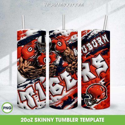 Auburn Tigers Tide 3D Inflated Tumbler Wrap PNG, Tigers Tide Football Teams 20oz Skinny Tumbler Template PNG