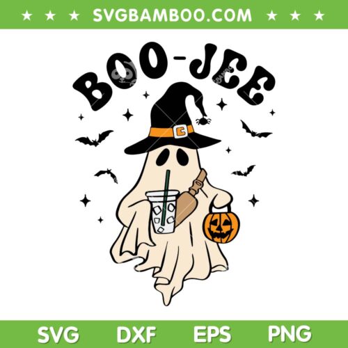 Boo Jee Witch SVG PNG, Cute Ghost Drinking Coffee SVG, Boo Jee Halloween DXF SVG PNG EPS